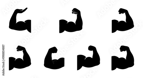 Strong bicep muscle silhouettes, 7 fitness arm icons, gym workout vector collection