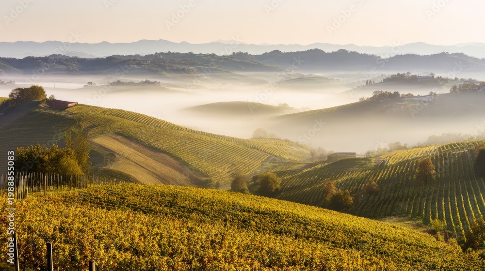 Obraz premium nebbiolo. Nebbiolo vineyard on Piedmont hills at sunrise with morning mist over grapes. menu design, packaging mockups, designed for culinary blogs and recipe cards for restaurants. 
