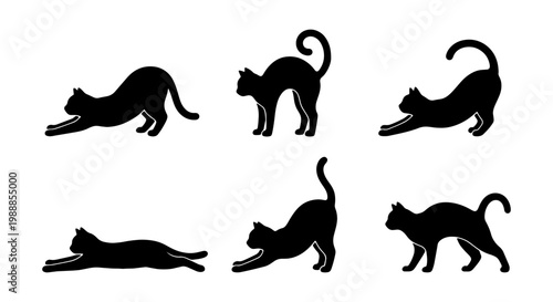 Black cat silhouette set, 6 yoga stretching cat icons, feline animal vector collection