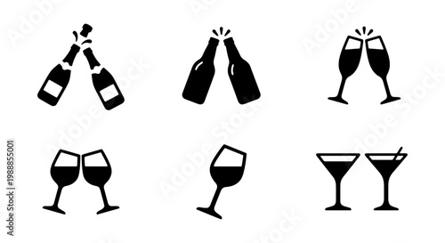 Celebration drink icons set, 6 alcohol toast vector elements, black party beverage signs