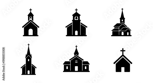 Church silhouette icons set, religious building vector collection, 6 chapel symbols