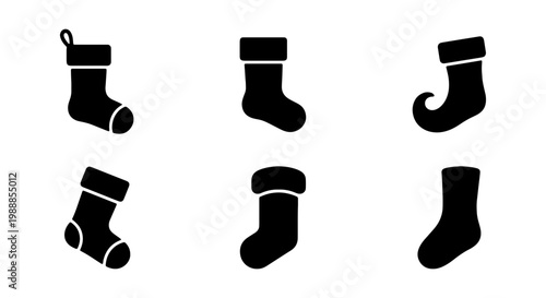 Christmas stocking icons set, black holiday sock silhouettes, 6 winter vector elements
