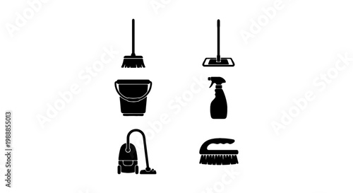 Cleaning service icons set, janitorial equipment symbols, black household tool vectors