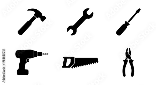 Black construction tool icons, set of 6 hardware vector symbols, repair equipment set