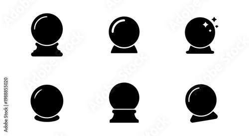 Magic crystal ball icon set, 6 black mystical sphere vectors, fortune teller symbols