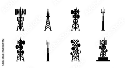 Telecommunication tower silhouettes, 8 radio antenna icons, cellular network masts set