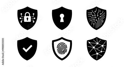 Cybersecurity shield icons set, 6 digital security symbols, black vector data protection