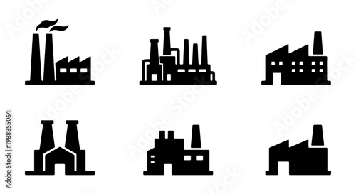 Industrial factory icon set, 6 black manufacturing plant vectors, power station symbols
