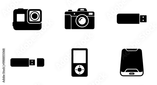 Digital device icon set, black camera and usb flash drive vectors, 6 electronic gadgets