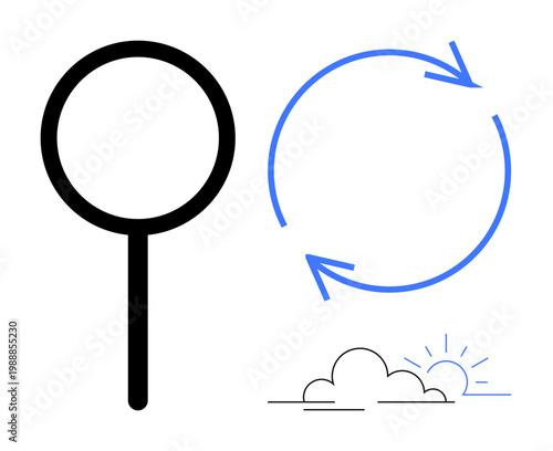 Data research, sustainability, innovation, recycling, eco-awareness, circular economy. Magnifying glass, arrows in a cycle and rising sun with clouds. Sustainability and recycling concepts