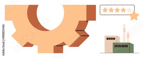 Industrial operations, quality assurance, performance evaluation, factory environments, manufacturing efficiency, production standards. Gear shape, factory illustration, quality rating stars