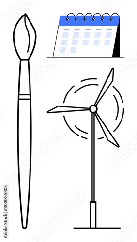 Creative design, renewable energy, planning, sustainability, eco-friendly technology, art tools. Flat design of a paintbrush, calendar and wind turbine. Creative design and renewable energy