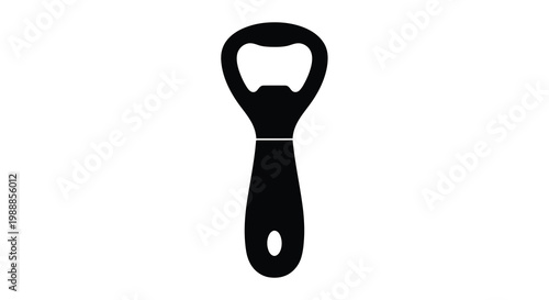 A simple black silhouette depicts a classic bottle opener a tool for removing bottle caps