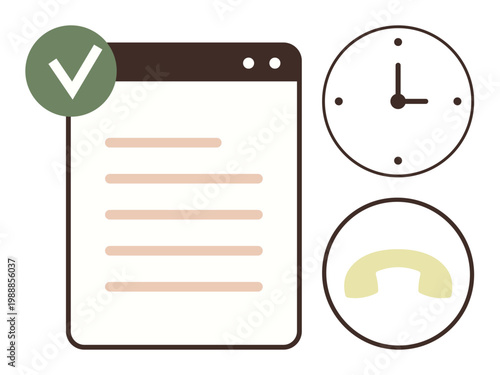 Productivity tools, task tracking, time management, communication, organization, team work. Checklist with a green check mark, clock and telephone symbol. Task tracking and time management concept
