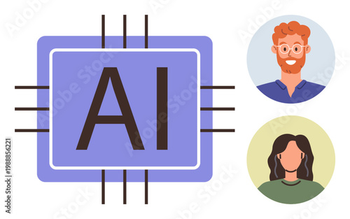 Artificial intelligence, technology advancement, human-machine interaction, AI communication, data processing, future tech. Central AI microchip alongside two human avatars. Artificial intelligence