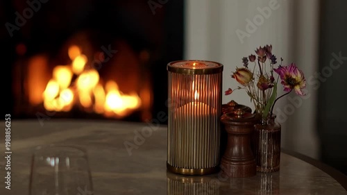 Cozy Candle and Flowers on Table with Fireplace Background