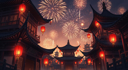 Asian Temples with Red Lanterns and Fireworks Display Celebration