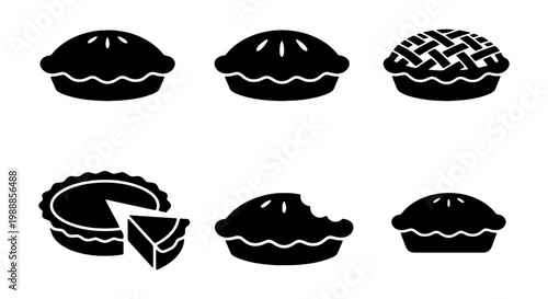 Bakery pie icons set, 6 black vector silhouettes, sweet dessert and pastry food symbols