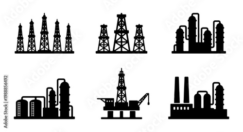 Cuadro en lienzo Industrial oil rig icons, petroleum refinery silhouettes, energy factory vector