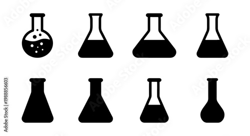 Laboratory flask icon set, 8 science beaker vector symbols, chemistry glass silhouettes