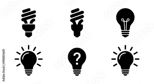 Minimalist light bulb icon set, black vector lamp symbols, 6 idea and energy icons