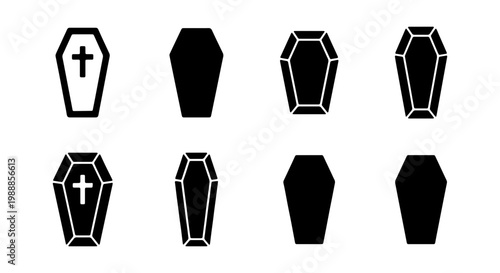 Black coffin icon set, funeral casket vector symbols, 8 burial box silhouettes