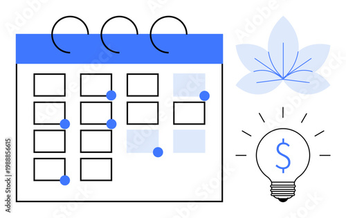 Event planning, personal finance, time management, financial planning, creative ideas, productivity. A calendar with marked dates, a dollar sign lightbulb and a decorative leaf. Event planning