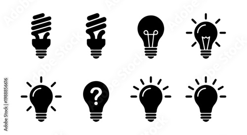 Light bulb icon set, 8 black vector lightbulb symbols, creative idea and energy icons