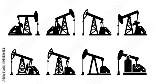 Industrial oil pump jack silhouettes, 8 energy extraction icons, petroleum rig vectors