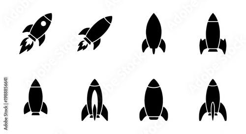 Rocket ship icons set, 8 black spaceship silhouettes, startup launch vector graphics