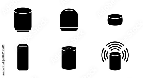 Smart speaker icon set, 6 wireless voice assistant vectors, black home audio equipment
