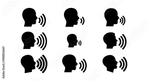 Speaking head icons set, human voice command symbols, 9 talking person vector elements
