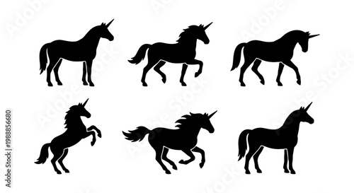 Unicorn silhouette set, mythical horse icons, 6 black fantasy animal vector elements