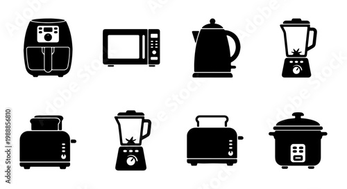 Kitchen appliance icon set, 8 black vector silhouettes, cooking equipment for home