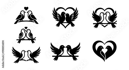 Romantic love birds silhouettes, wedding dove icons set, black heart bird vector graphics