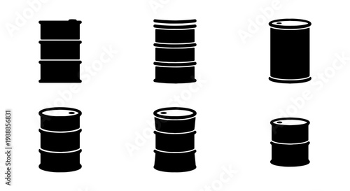 Industrial oil barrel icons, black metal drum vector set, petroleum storage containers