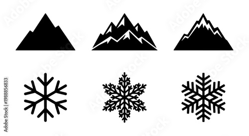 Minimalist mountain and snowflake icons, 6 winter nature vector elements, black silhouettes