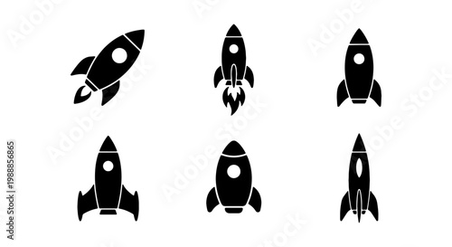 Rocket ship icon set, black spaceship silhouettes, 6 space launch vector elements
