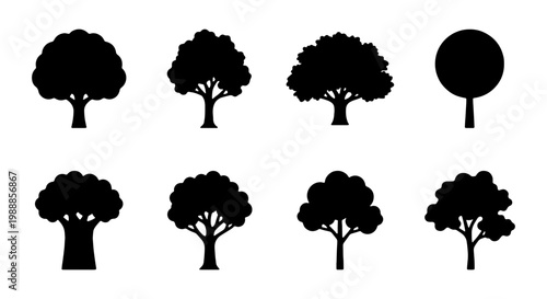 Black tree silhouettes, 8 deciduous tree icons, nature landscape vector elements