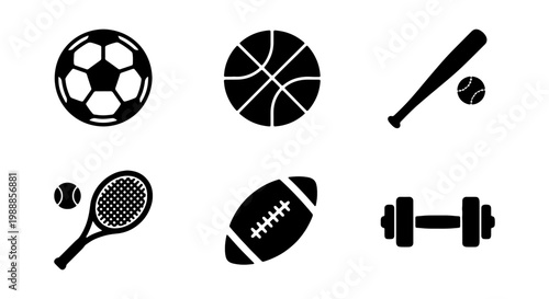 Minimalist sports equipment icon set, 6 black vector icons, athletic gear for fitness