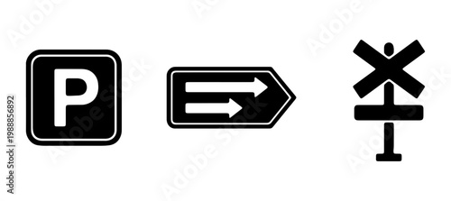 Black road sign icons, parking symbol and directional arrows, railway crossing vector