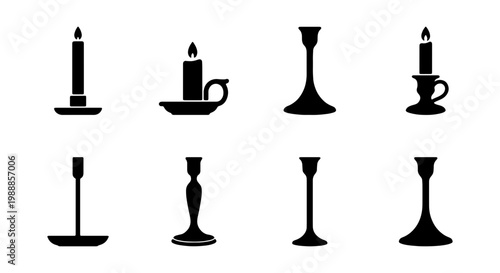 Vintage candlestick silhouette set, 8 candle holder icons, antique lighting vector art