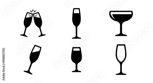 Minimalist champagne glass icon set, 6 sparkling wine vector symbols, celebration icons