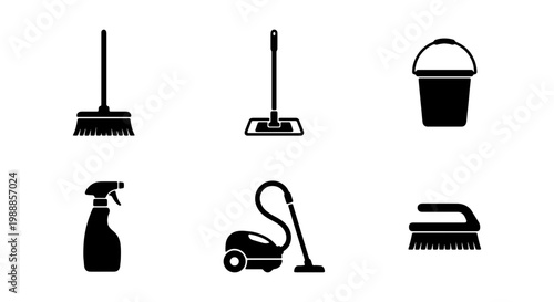 Cleaning service icons set, black housekeeping equipment, 6 sanitation vector elements