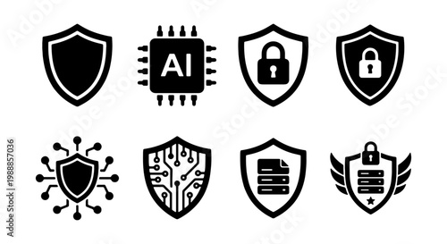 Cybersecurity shield icons, AI data protection set, 8 black vector security symbols