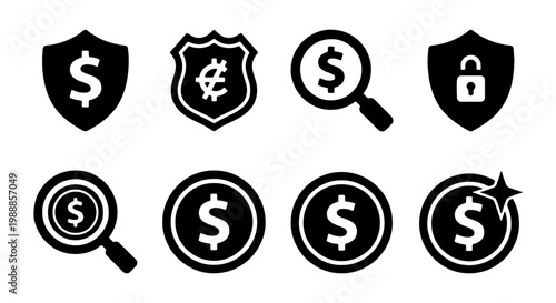 Financial security icon set, money protection symbols, 8 black vector currency icons