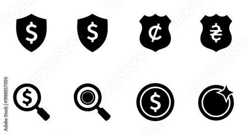 Financial security icons, money protection shield set, 8 black vector currency symbols