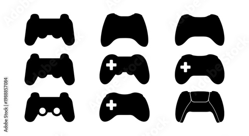 Gamepad controller silhouette set, 9 gaming icons, black video game joystick vector