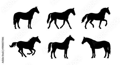 Black horse silhouette set, 6 equine animal vectors, galloping and standing horse icons