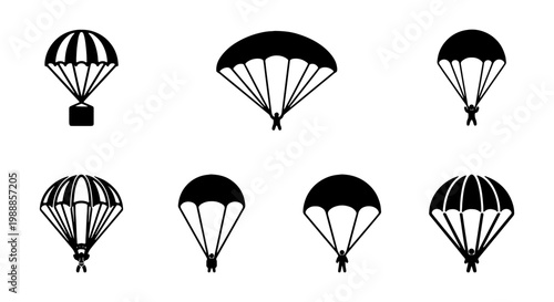 Parachute silhouette icons, skydiving vector set, 7 black paragliding symbols for logos